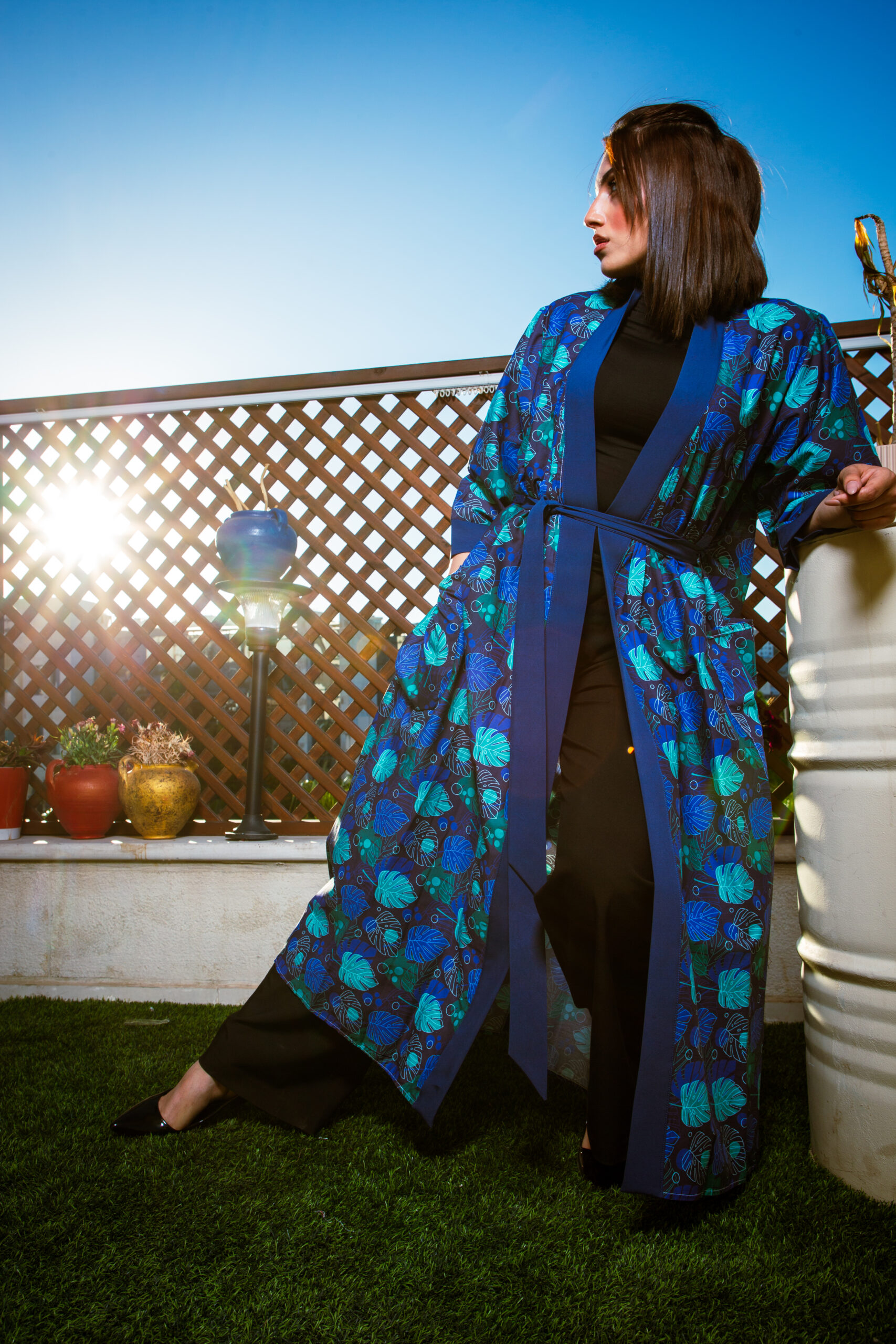 Printed Cotton Open Abaya with 3-Way Belt - Image 12