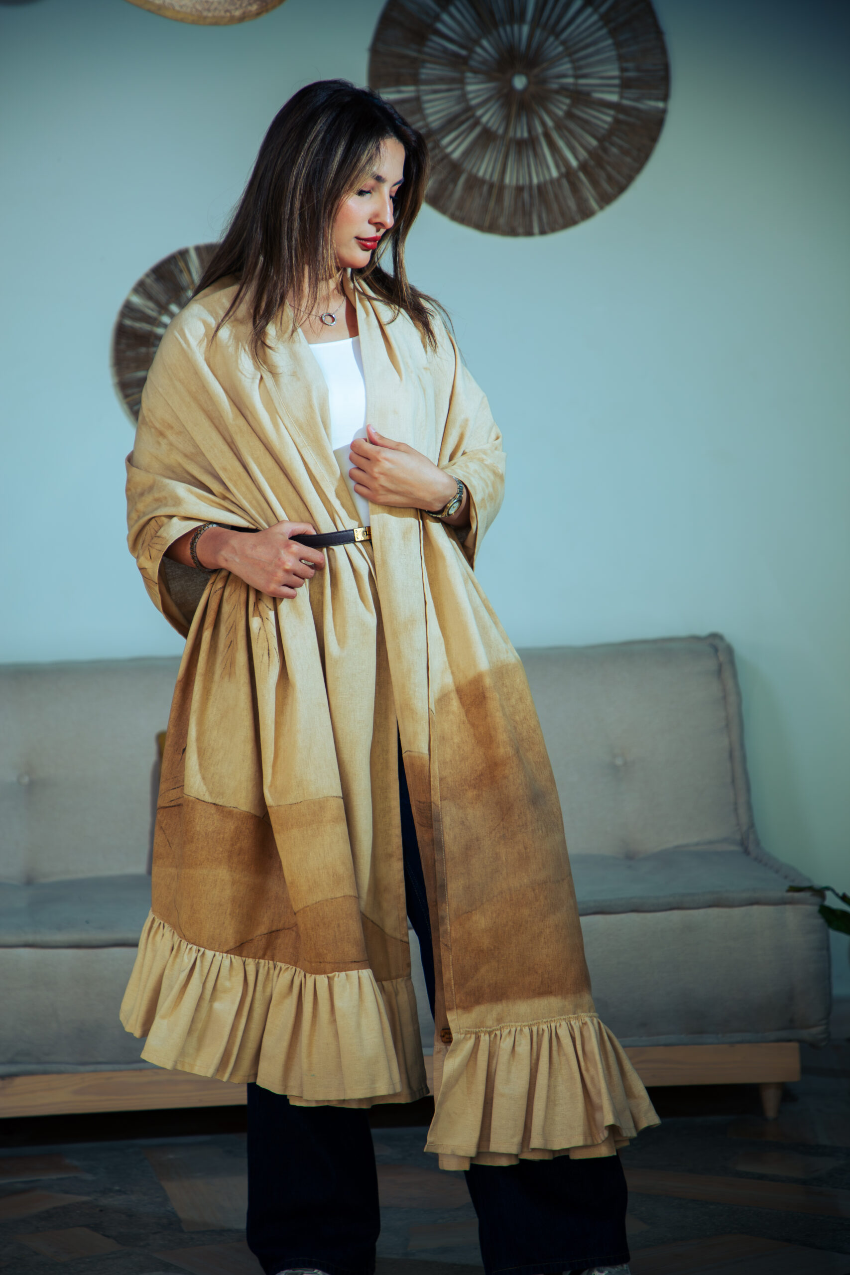 Coffee-Painted Linen Long Shawl - Image 3