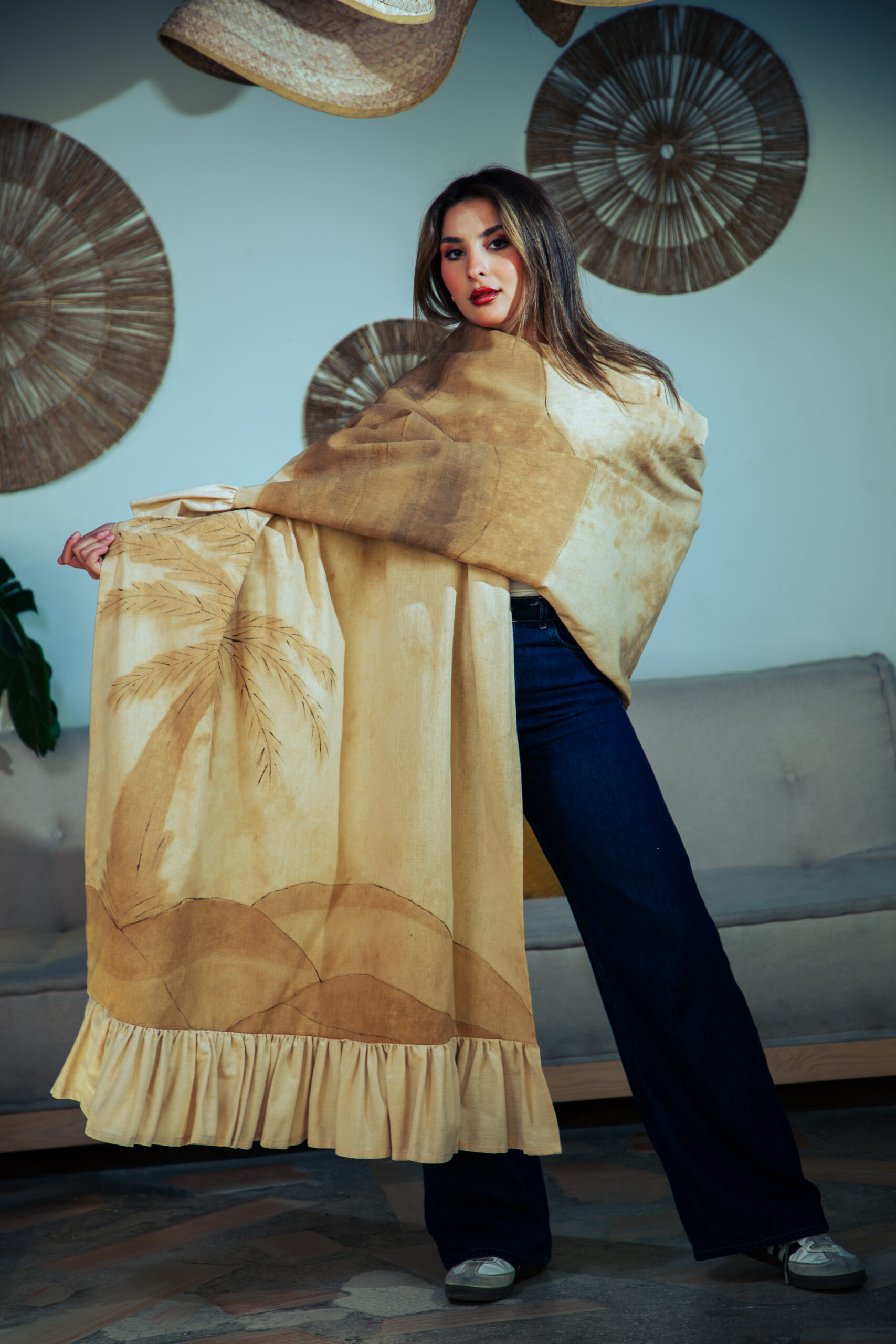 Coffee-Painted Linen Long Shawl - Image 4