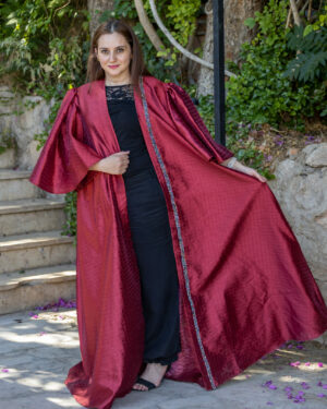 Flowing Red Taffeta Abaya with Embellished Trim