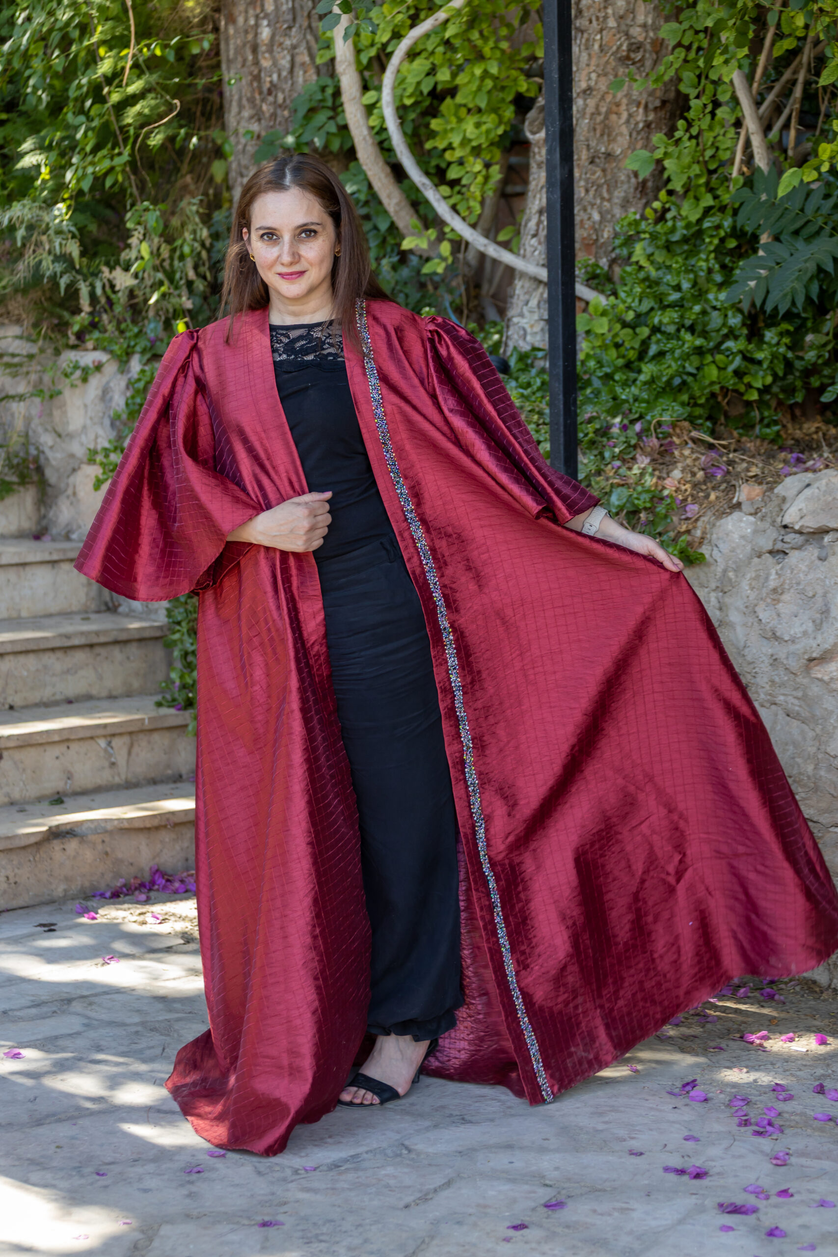 Flowing Red Taffeta Abaya with Embellished Trim