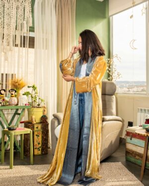 Gold Velvet Abaya with Blue Saya Details