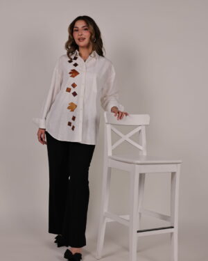 White Linen Shirt with Tea Bio-Leather Botanical Appliqué