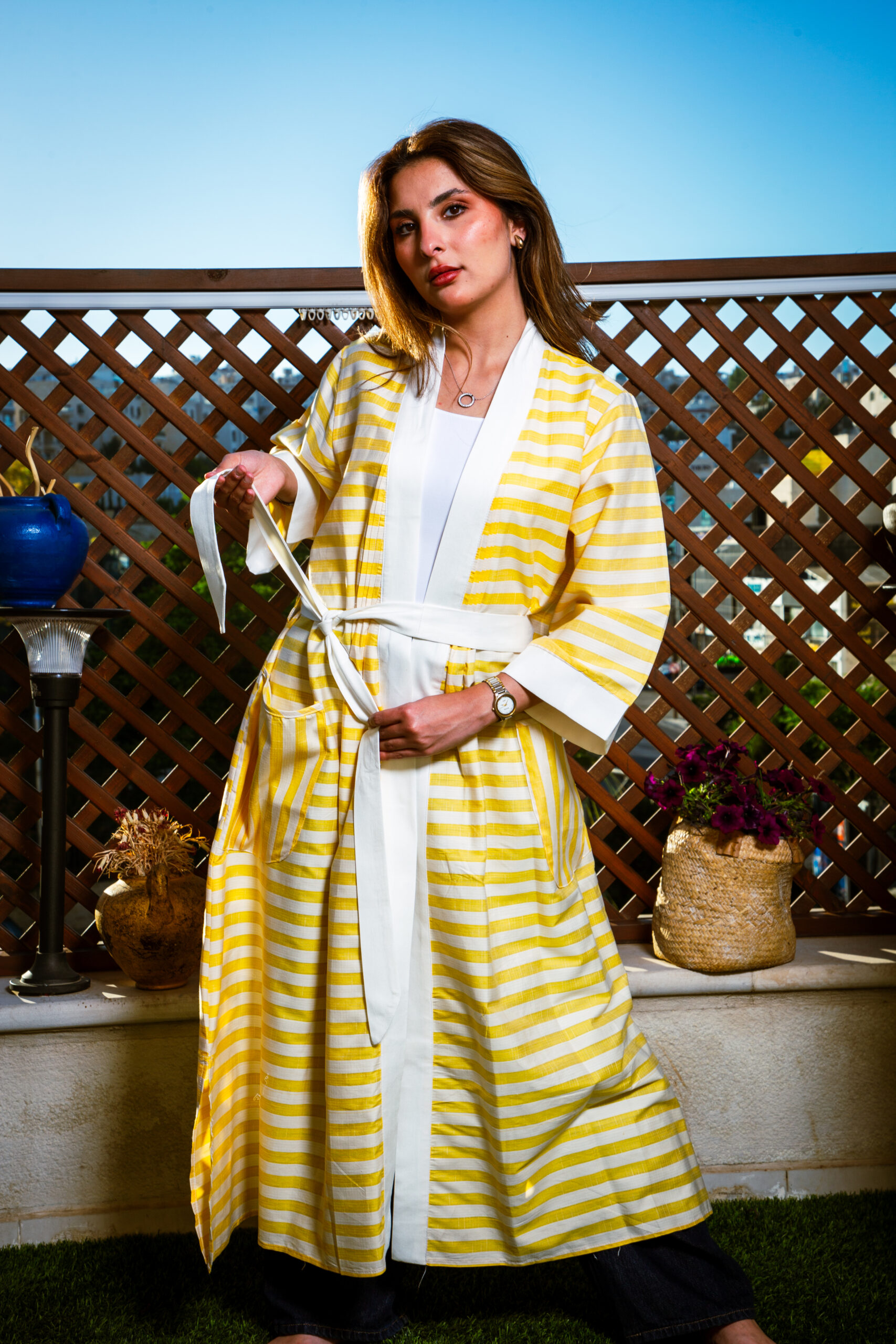 Printed Cotton Open Abaya with 3-Way Belt - Image 6