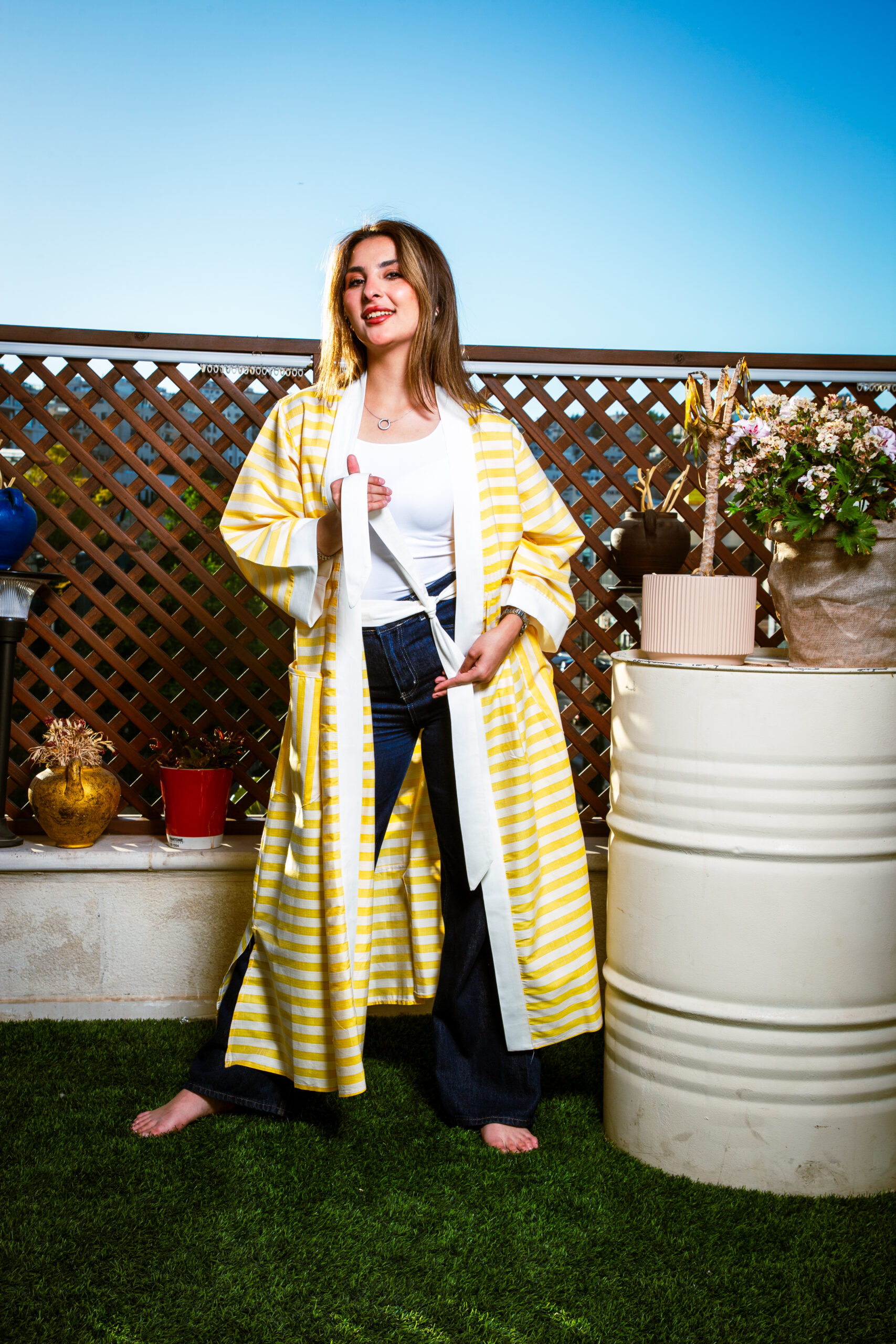 Printed Cotton Open Abaya with 3-Way Belt - Image 3