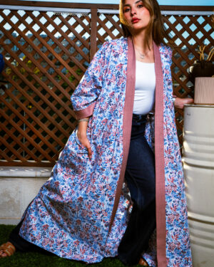 Printed Cotton Open Abaya with 3-Way Belt