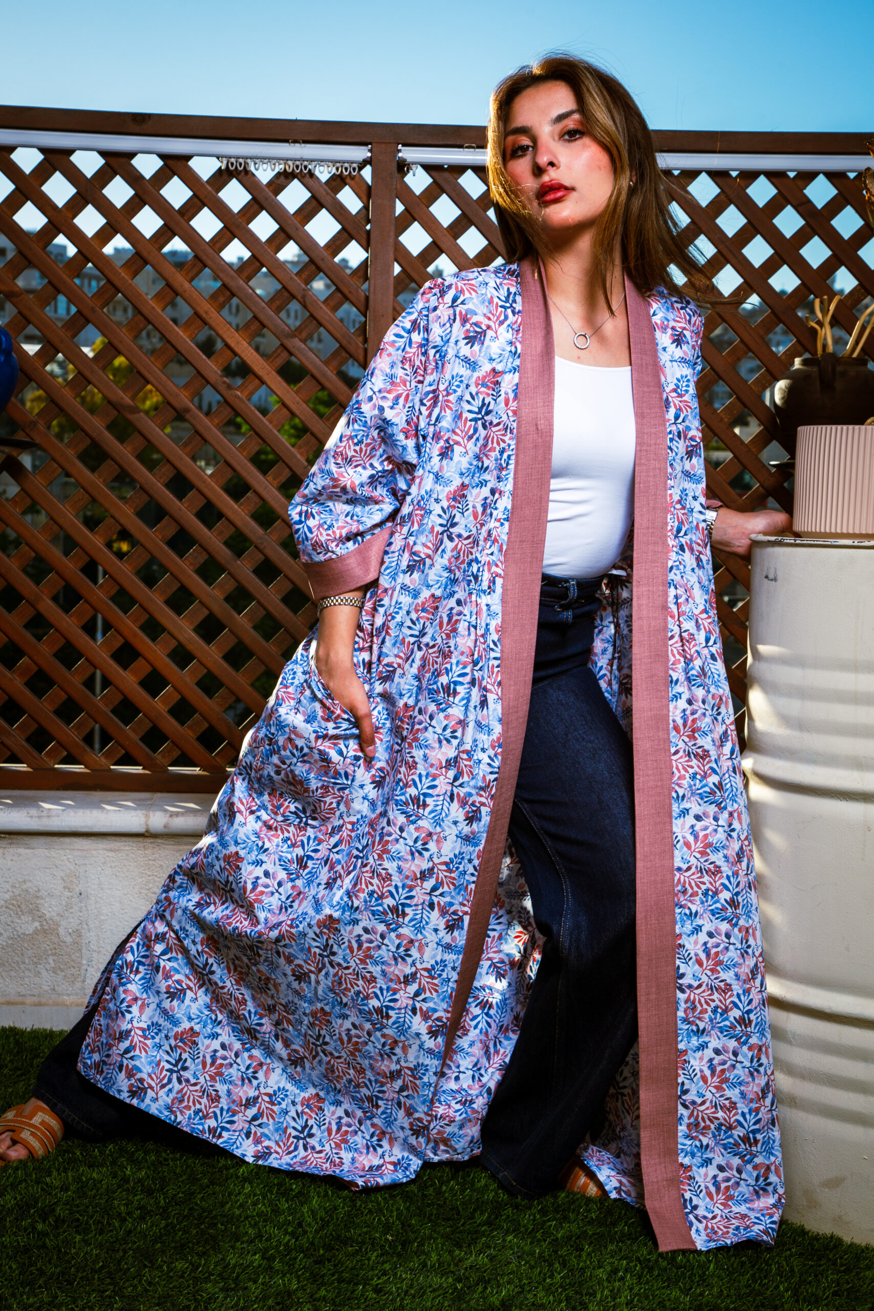 Printed Cotton Open Abaya with 3-Way Belt