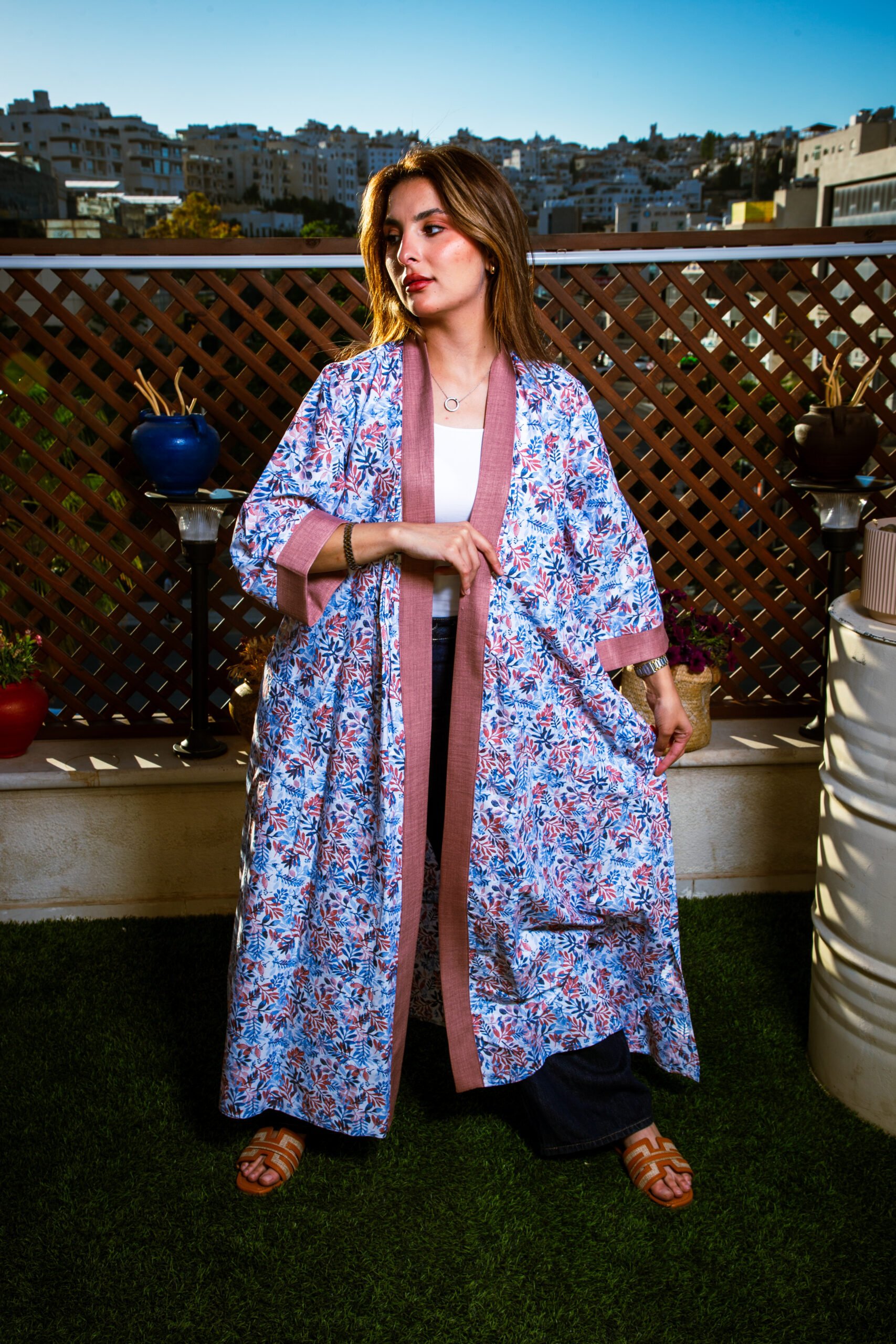 Printed Cotton Open Abaya with 3-Way Belt - Image 10