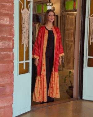 Reversible Orange Embroidered Taffeta & Red Saya Long Jacket